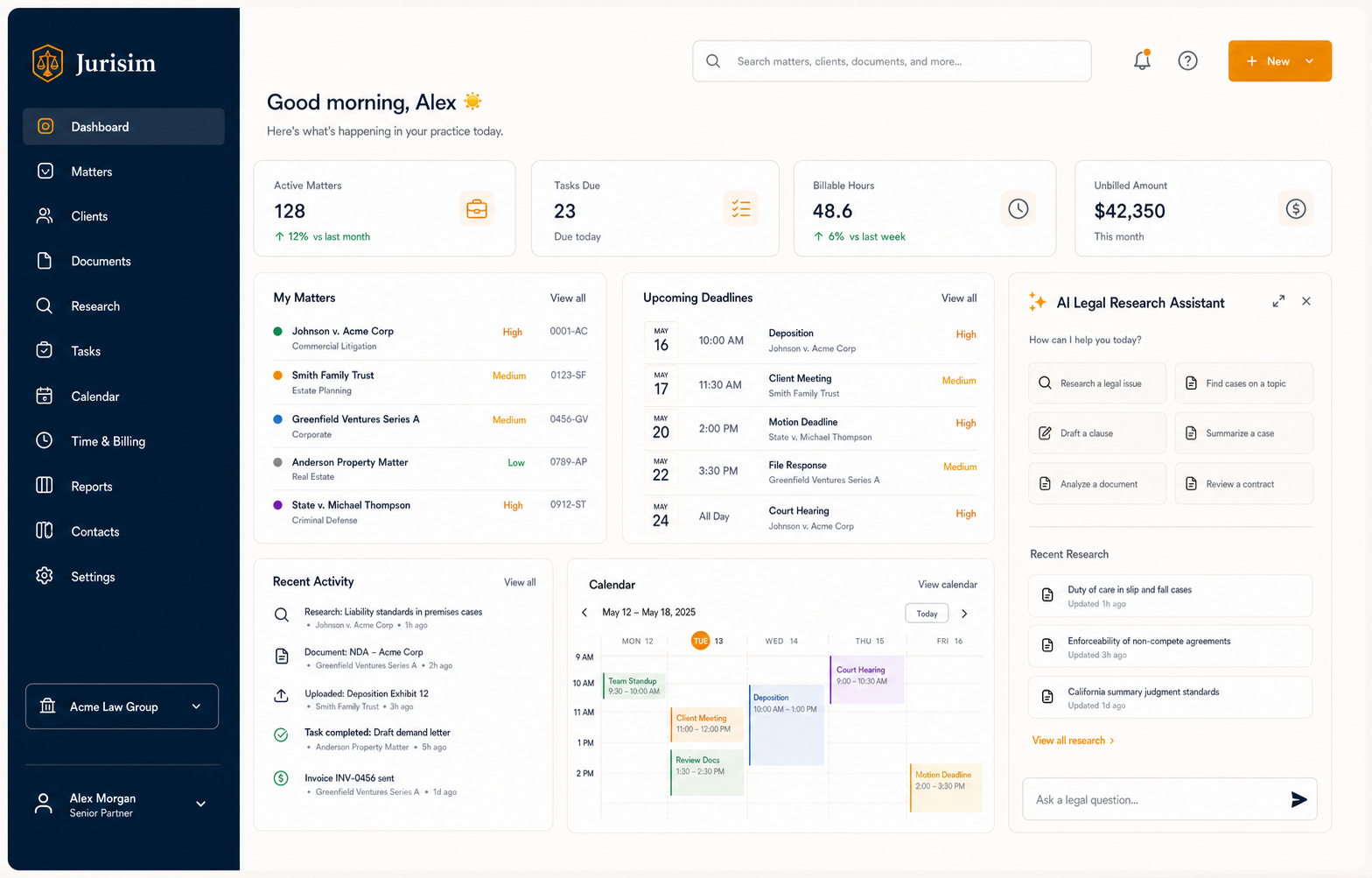 Jurisim dashboard showing legal matters, deadlines, calendars, and its AI research assistant.